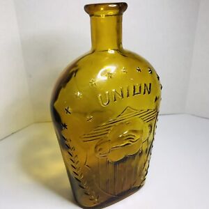Vintage Union Amber Glass Bottle Large Flask Clasped Hands 13 Stars 8.5 Tall.