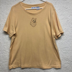 Blair Womens XL T Shirt Top Short sleeve Light gold tan with Embroidered Kitten