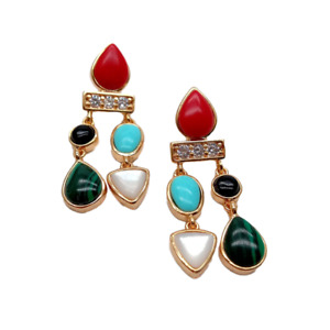 Rose Quartz Turquoise Onyx Coral Dangle Stud Earrings