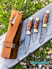 3pc Damascus Steel Forged Handmade Hunting Knife Set Wood Handle Leather Case