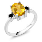1.28 Ct Oval Yellow Citrine Black Diamond 925 Sterling Silver Women's Ring