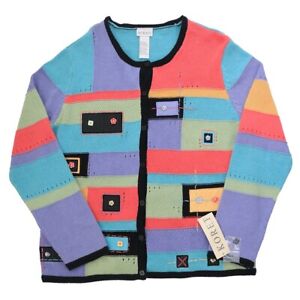 Vintage 90s Women Size L Color Block Cardigan Ramie Cotton Grandma Sweater NWT