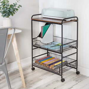3-Tier Rolling Kitchen Storage Cart with Wood Shelf and Pull-Out Baskets