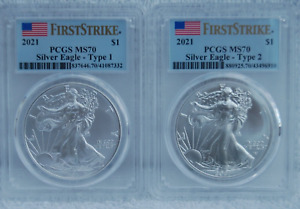2021 Type 1 and Type 2 Silver Eagle - PCGS MS70 First Strike