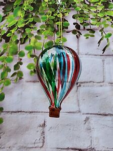 VINTAGE GLASS STRIPED RED GREEN HOT AIR BALLOON CHRISTMAS ORNAMENT EUC
