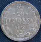 Russian Empire, Russia ,silver coin 20 kopek,1901 SPB