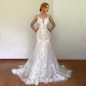 Mermaid Lace Wedding Dresses Deep V Neck Spaghetti Straps Applique Bridal Gowns
