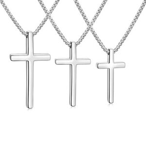 Silver Stainless Steel Cross Pendant Necklace for Men Women Box Chain 16