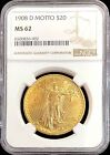 1908 D GOLD US $20 DOLLAR ST. GAUDENS WITH MOTTO COIN NGC MINT STATE 62
