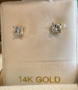 14k Gold Natural Princess Cut Diamond Earrings 1/4ct