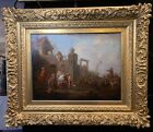 Antique 18th C. Old Master European Village Genre Scene Painting with Figures