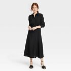 Women's Long Sleeve Collared Midi Crepe Shirtdress - A New Day Black L