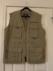Vintage ORVIS Twill Tan Fishing Vest  Size XL Made In Hong Kong Leather Accent