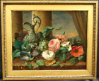 c1850 STILL LIFE of FRUIT FLOWERS WINE JUG & GLASS at DUSK ANTIQUE Oil Painting