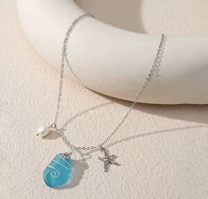 Turquoise aqua blue sea glass pendant necklace summer beach coastal starfish 20”