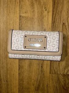 GUESS Wallet Women Logo Mocha Brown Snap Closure Trifold Preowned Used