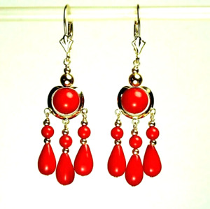 Solid 14k yell/gold 7 and 3mm round & 5x8mm teardrop natural Red Coral earrings