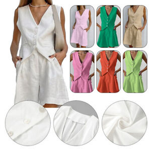 Women Cotton Linen Vest Shorts Set V-Neck Tops Elegant Summer Vacation Suits