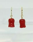 14k Yellow Gold Red Coral  Flower Drop Dangle Earrings