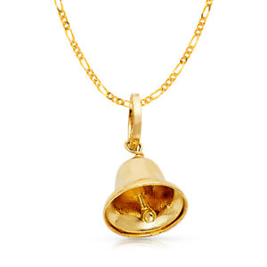 14K Yellow Gold Bell Charm Pendant with 1.6mm Figaro 3+1 Chain Necklace