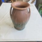 Vintage McCOY ART Pottery Two Handled Vase Matte Pink/Green  Flowers Leaf 1930s