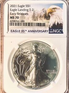 2021 $1 Silver Eagle Early Releases Type 2 Eagle Landing NGC MS70