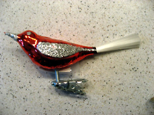 Vtg Red with Silver Glitter Wings Glass Bird Clip-On Christmas Ornament Germany