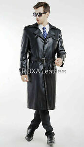 Handsome Men New Waist Belted Genuine NAPA Natural Leather Long Trench Coat
