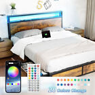 Queen Full LED Platform Bed Frame with Outlet USB Charging Storage Headboard