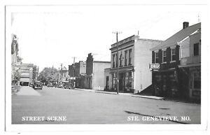 Ste. Genevieve, MO Missouri old RPPC Postcard, Street Scene with Drug Store
