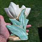 Vintage McCoy Double Tulip Hand Painted Vase Glossy, White & Green Signed 8”