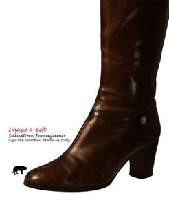 Vintage FERRAGAMO BROWN  Leather CHUNKY HEEL KNEE HIGH BOOTS Size 9 *FLAWS*