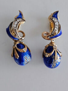 Vintage Egg Diamond Blue Enamel Earrings Solid 14k Yellow Gold