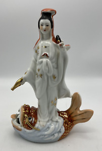 Porcelain Kwan Yin Guan Yin Dragon Fish Statue Figurine 10 1/4