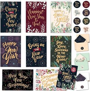 24 Gold Foiled Happy New Year Cards - 6x4in Happy New Year Card, 8 Designs Ha...