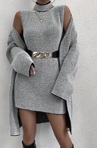 Two piece grey Turtleneck Drop Shoulder Cardigan & Sweater Dress Set