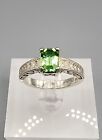 Sterling Silver Uranium Glass Ring Emerald Cut 5×7mm UV Glow Leaf Etched Band