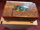 VINTAGE 1970'S HANDMADE HAND CARVED WOOD JEWELRY BOX HAND PAINTED TOP OVAL SCENE