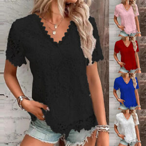 Womens V-Neck Lace T-Shirt Tops Ladies Short Sleeve Summer Casual Blouse Shirt