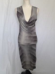Helmut Lang Designer Gray White Striped Drape Neck Dress Small