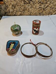 Lot Of 5 Chinese Vintage Cloisonne Containers And 2 Brass Bracelet Estate Find