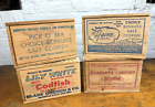4 Vintage CODFISH Boxes w/ Slide Tops, Clean Display Props, Ocean House Decor