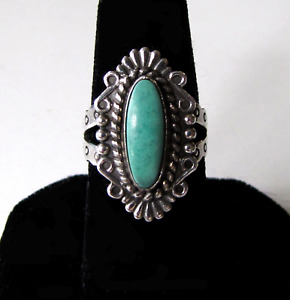 Vtg. Fred Harvey Era Elongated Sterling Silver Turquoise Ring w/ Scrolls