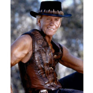 Men's Crocodile Dundee-inspired brown leather vest worn by Mick Paul Hogan