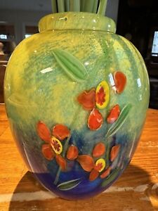 Cobalt Blue & Teal Swirl BLOWN ITALIAN GLASS Vase 8”x 5”