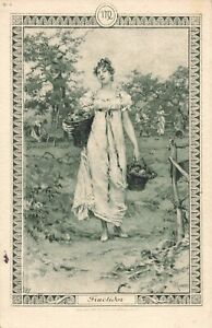 Postcard Art Woman Fructidor Long White Gown Holds Baskets European 1905