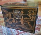 Vintage Chinese Gold Gilt Painted Bird Design Black Lacquer Wood Box Jewelry