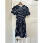 Monteau Women's Size Medium Blue and White Striped Faux Wrap Dress