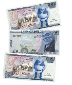SHREK - Joke cash - 9 Pound Novelty notes Duloc Bank