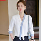 Korean Women Colorblock V-neck Chiffon Business Workwear Tops Blouse Shirt S-4XL